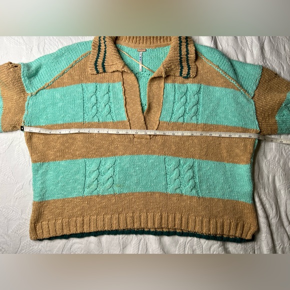 Free People Striped Oversized Knit Sweater Preppy Varsity Look in Teal and Tan - Picture 3 of 8